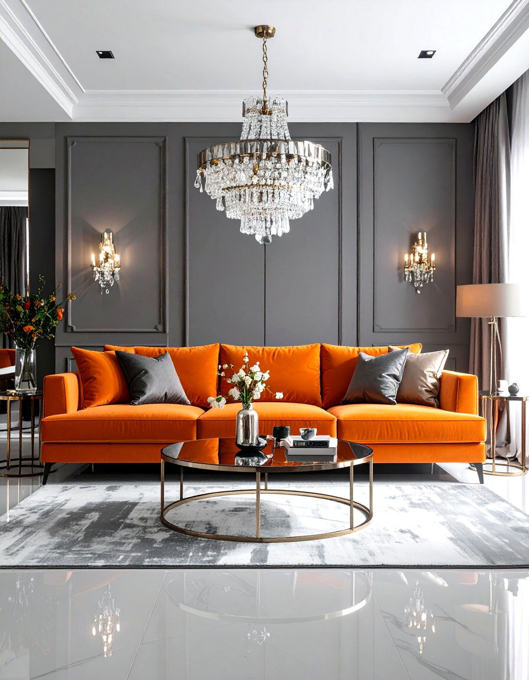 Modern Glamorous Orange Velvet Living Room - 24 Orange and Grey Living Room Ideas