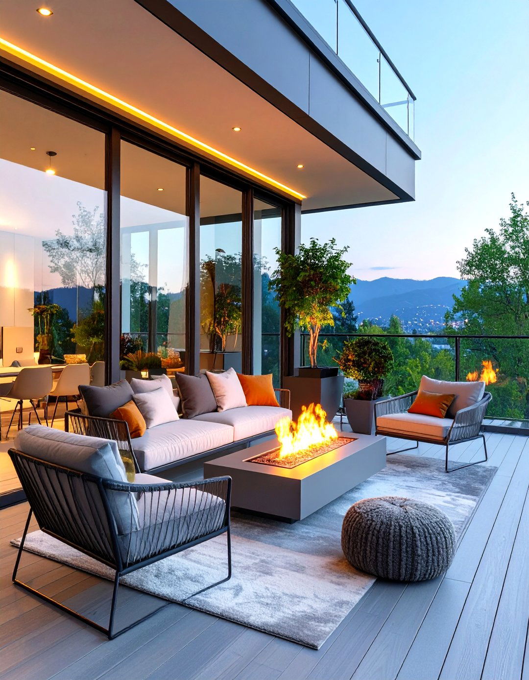 Modern Glass Balcony with Linear Fire Feature - 24 Second Story Balcony Ideas