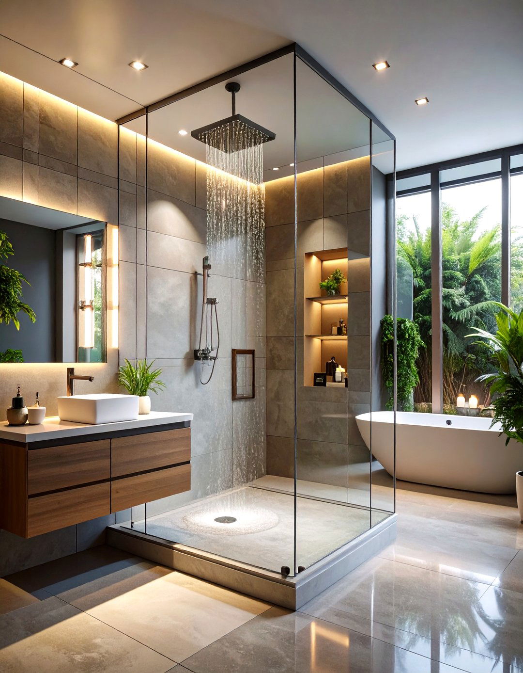 Modern Glass Walk In Shower with Rainfall Head - 24 Bathroom Shower Ideas