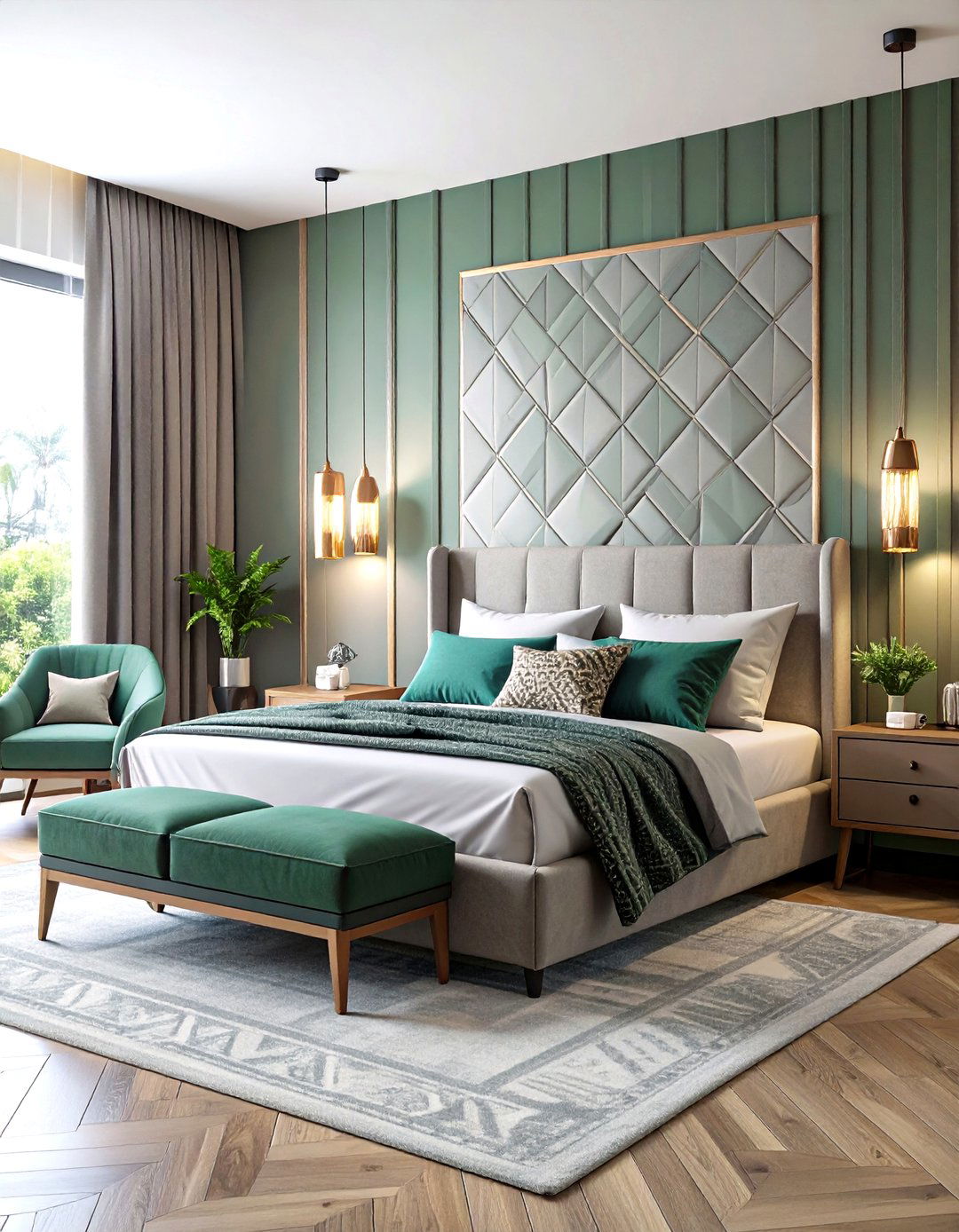 Modern Green Grey Geometric Bedroom - 24 Green and Grey Bedroom Ideas