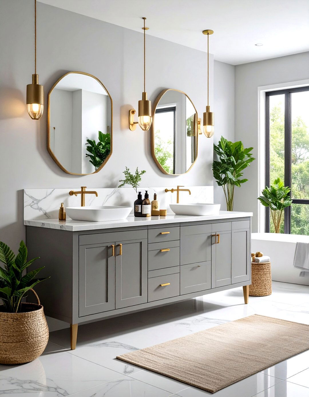 Modern Grey Vanity with Brass Accents - 24 Grey Bathroom Vanity Design Ideas