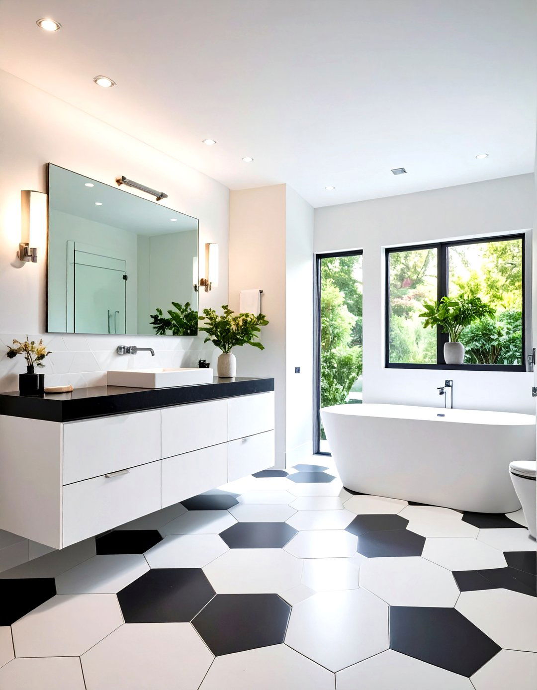 Modern Hexagonal Tile Powder Room - 24 Black and White Powder Room Ideas