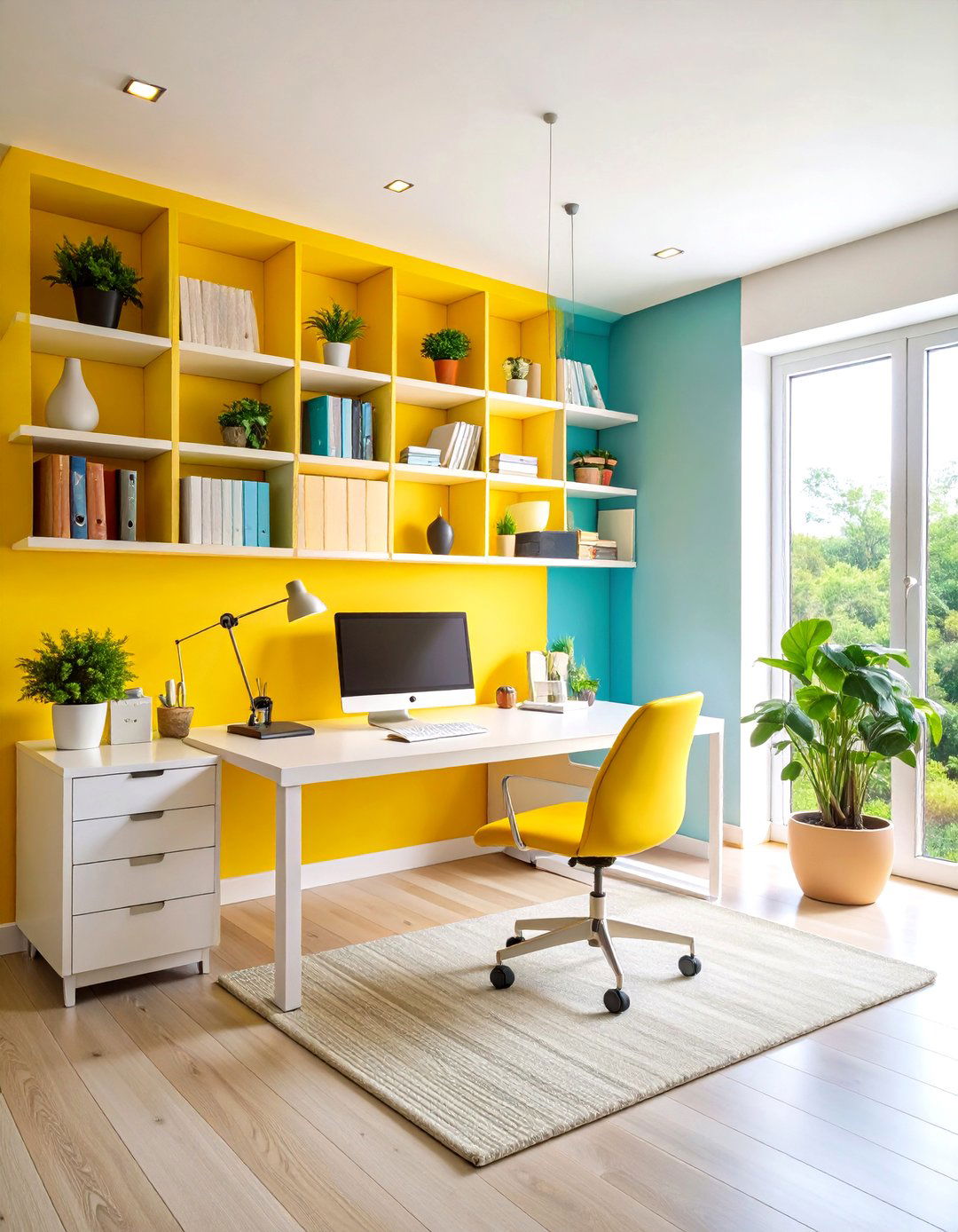Modern Home Office with Built in Wall Storage - 24 Small Office Ideas