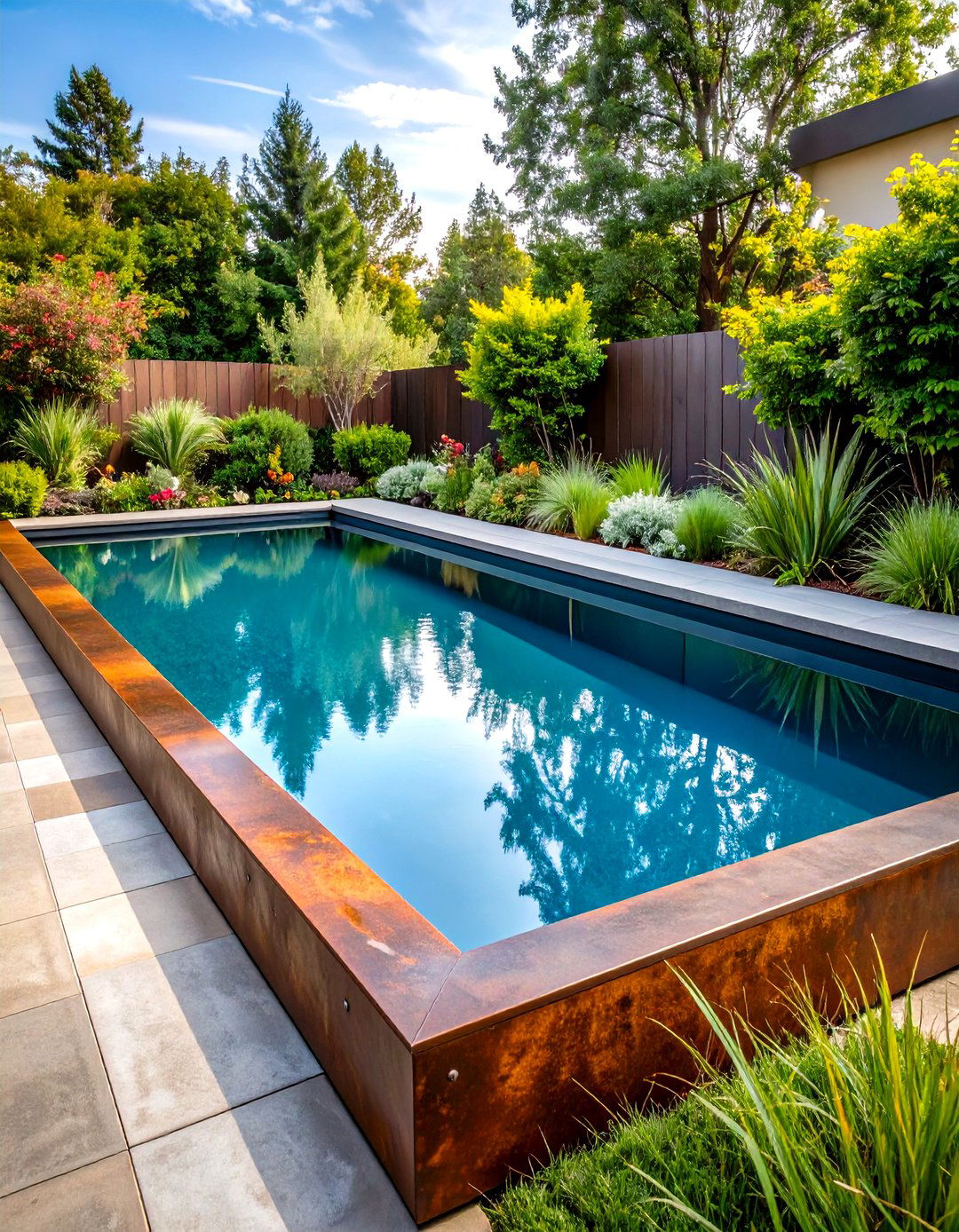 Modern Infinity Edge Pool with Corten Steel Surround - 24 Small Garden Reflecting Pool Ideas