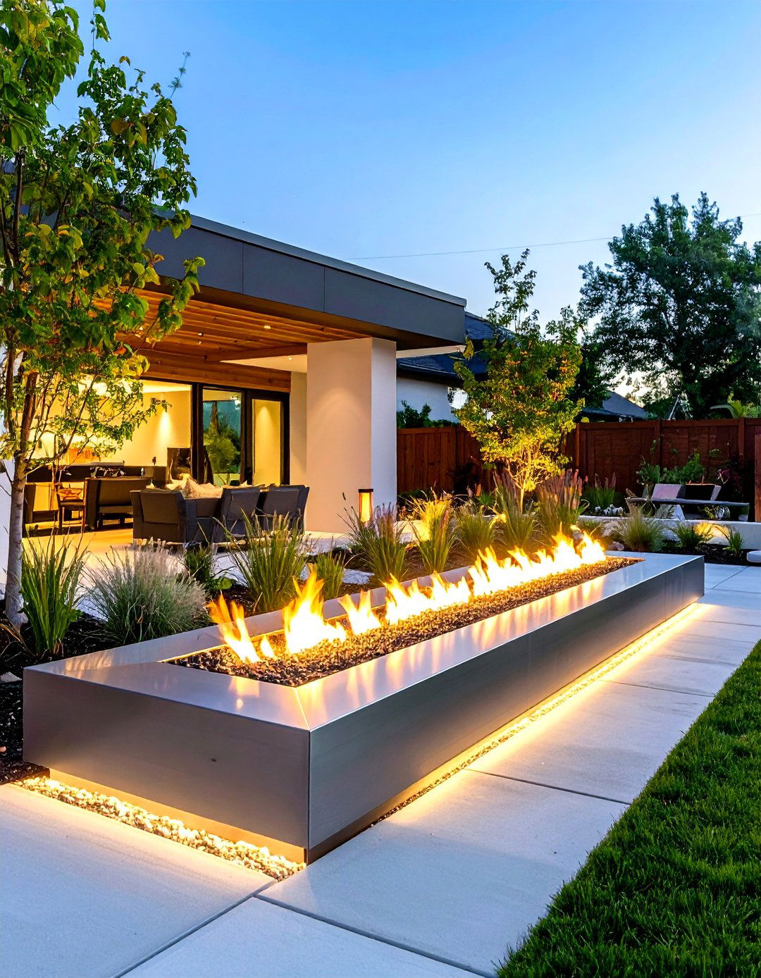 Modern Linear Fire Feature with Contemporary Landscaping - 24 Fire Pit Ideas