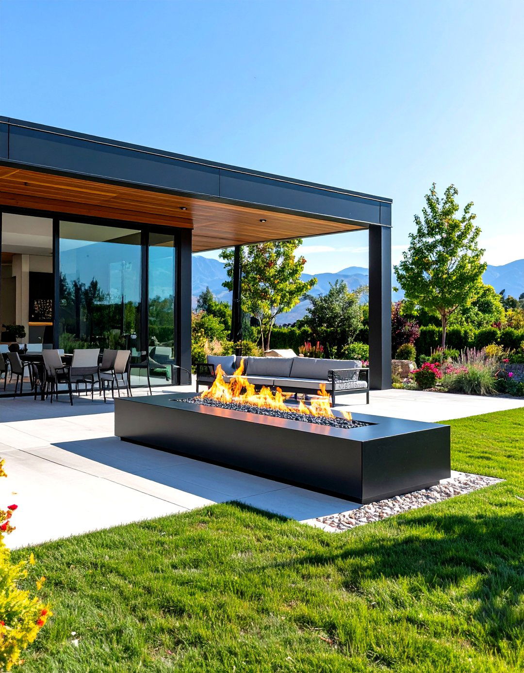 Modern Linear Gas Fireplace Installation - 24 Outdoor Fireplace Ideas