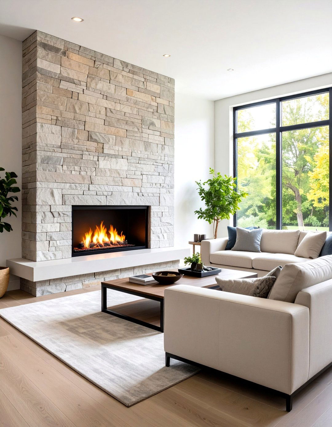 Modern Linear Stone Fireplace Design - 24 Floor to Ceiling Stone Fireplace Ideas