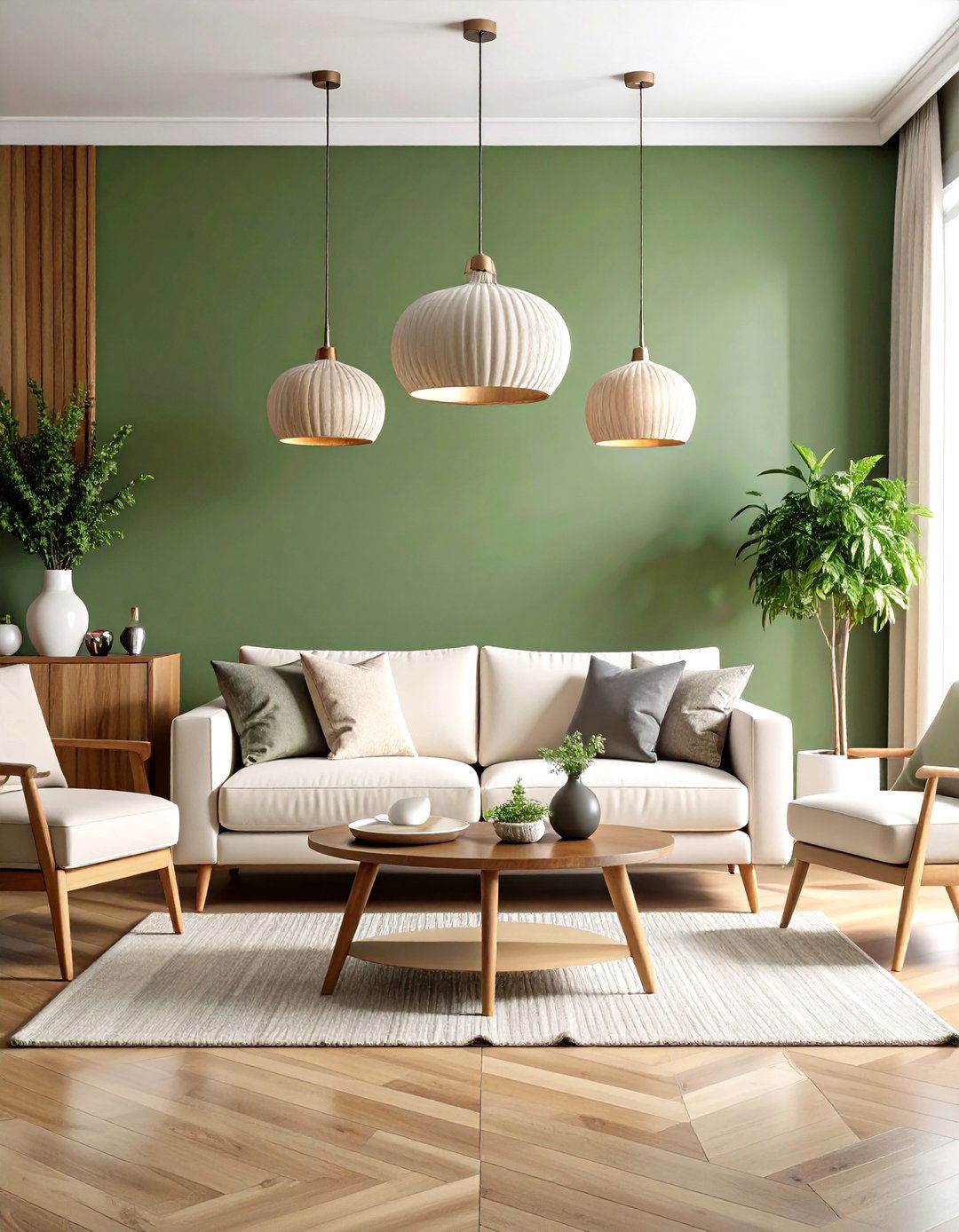 Modern Living Room with Olive Green Accent Wall - 24 Olive Green Room Ideas