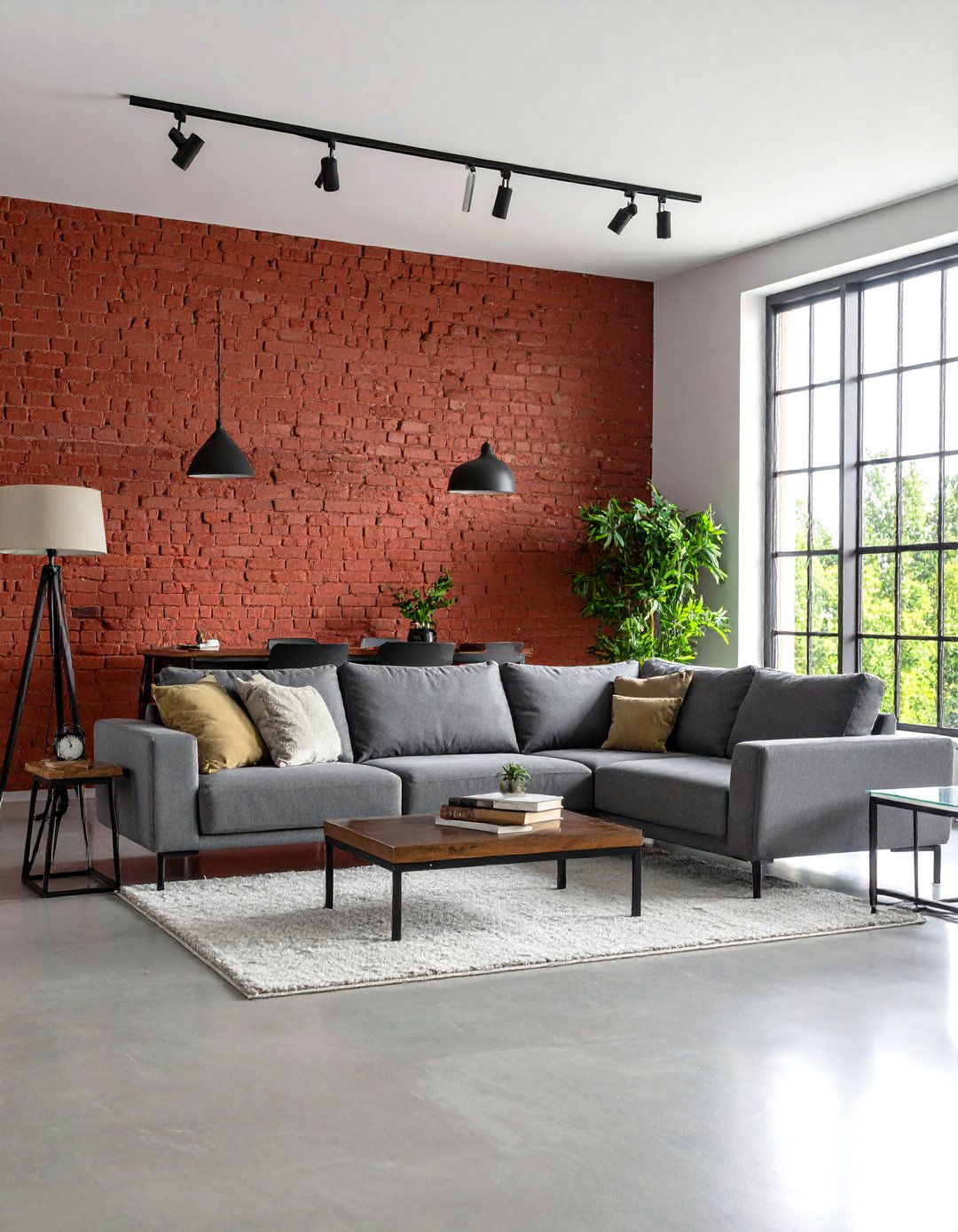 Modern Loft Red Brick and Concrete Grey - 24 Red and Grey Living Room Ideas