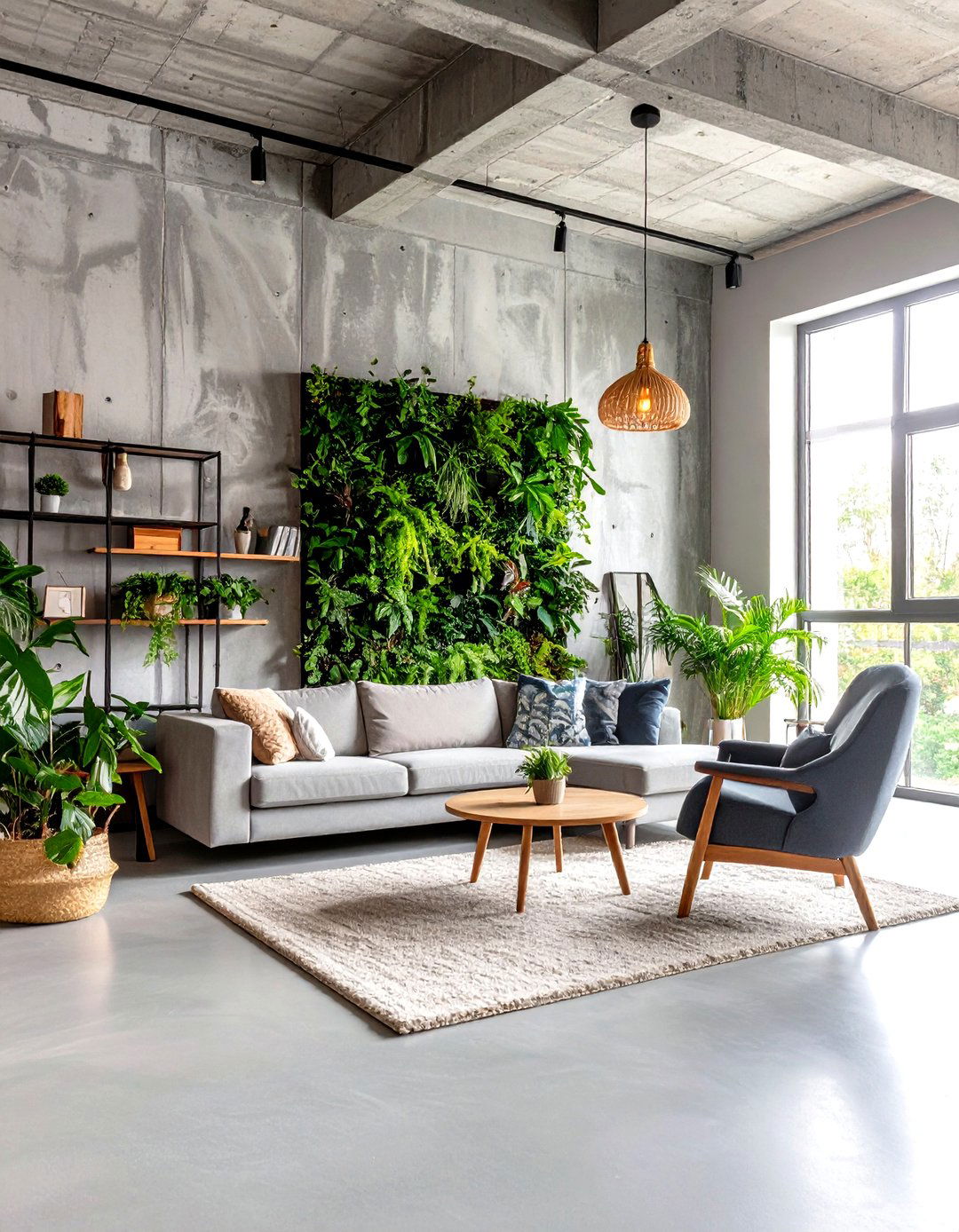 Modern Loft with Concrete Grey and Living Green Walls - 24 Green and Grey Living Room Ideas