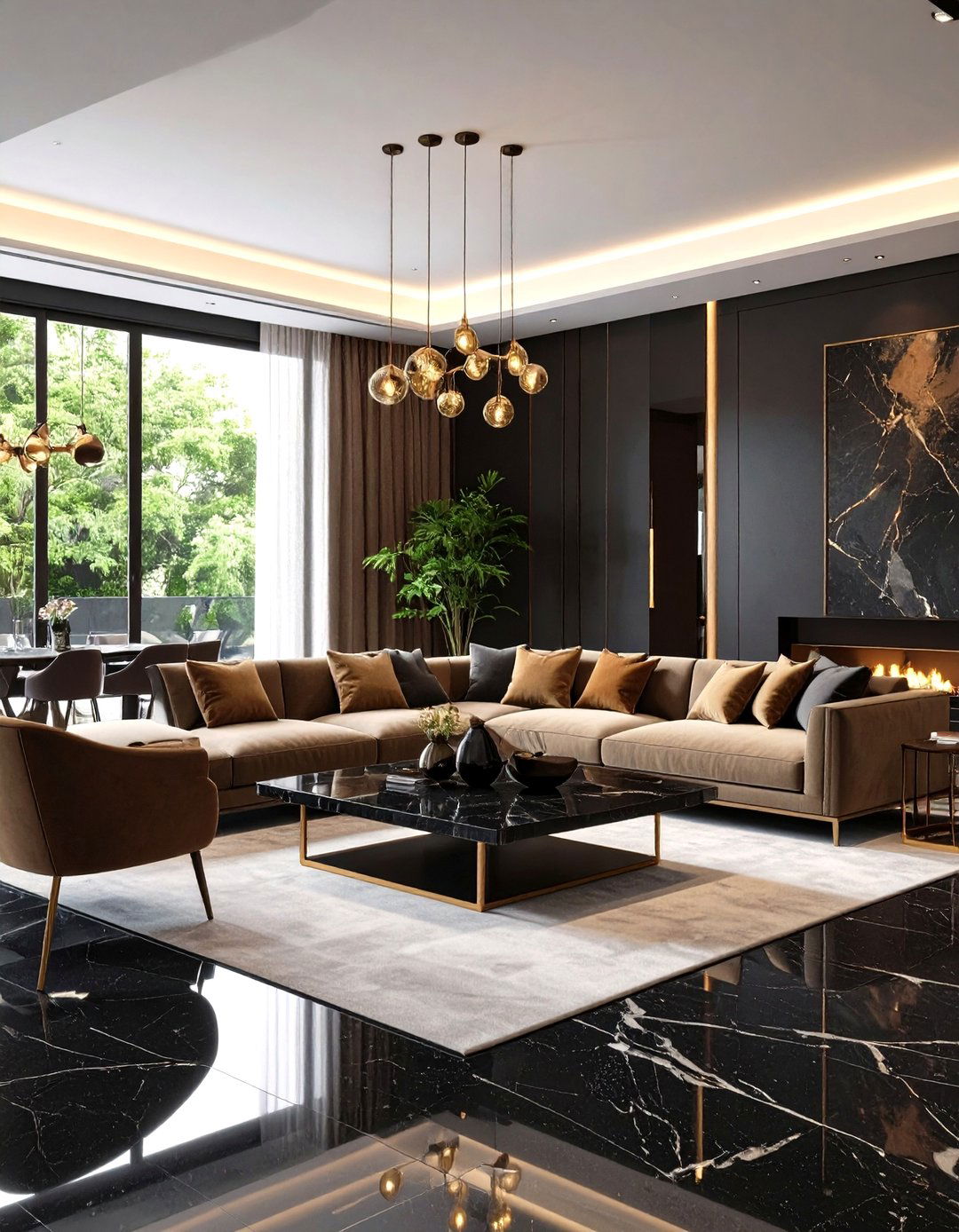 Modern Luxury Black Granite and Brown Suede Elegance - 24 Black and Brown Living Room Ideas