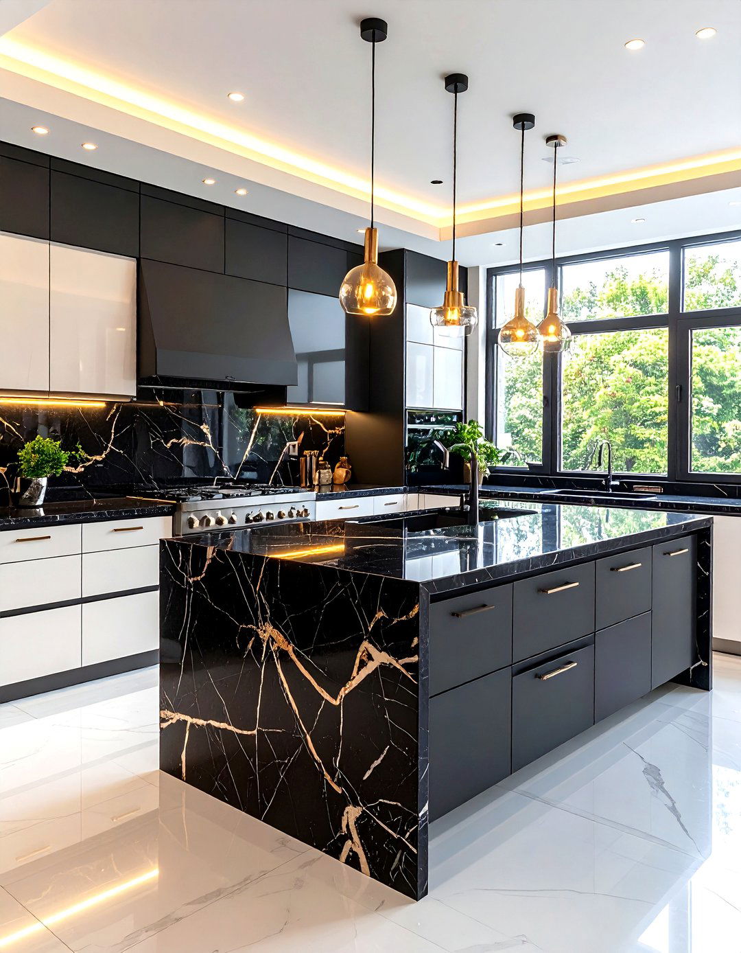 Modern Luxury Kitchen with High Gloss White Cabinets and Black Marble Countertops - 24 kitchen with dark countertops and light cabinets