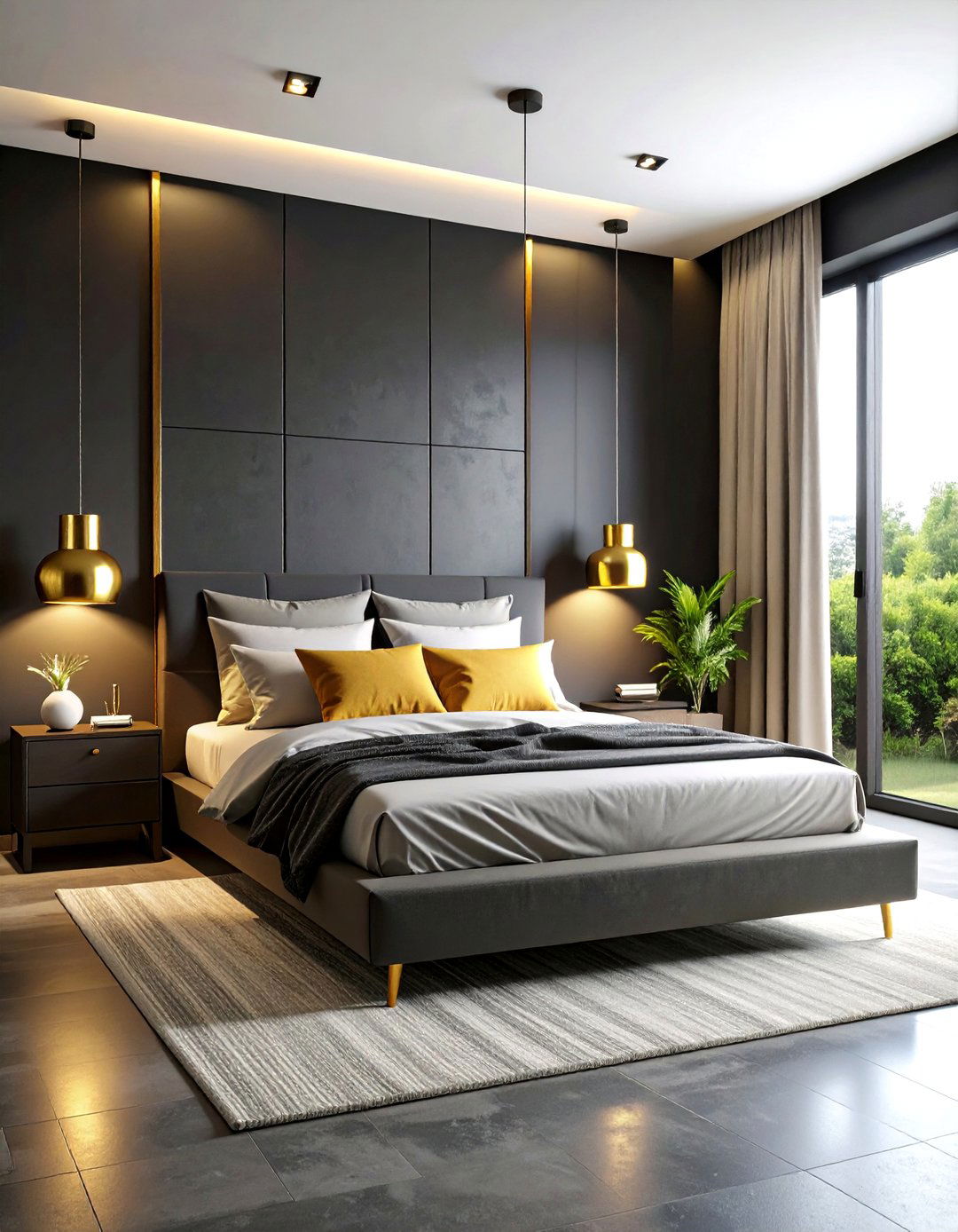 Modern Minimalist Black Bedroom with Gold Accents - 24 Black and Gold Bedroom Ideas