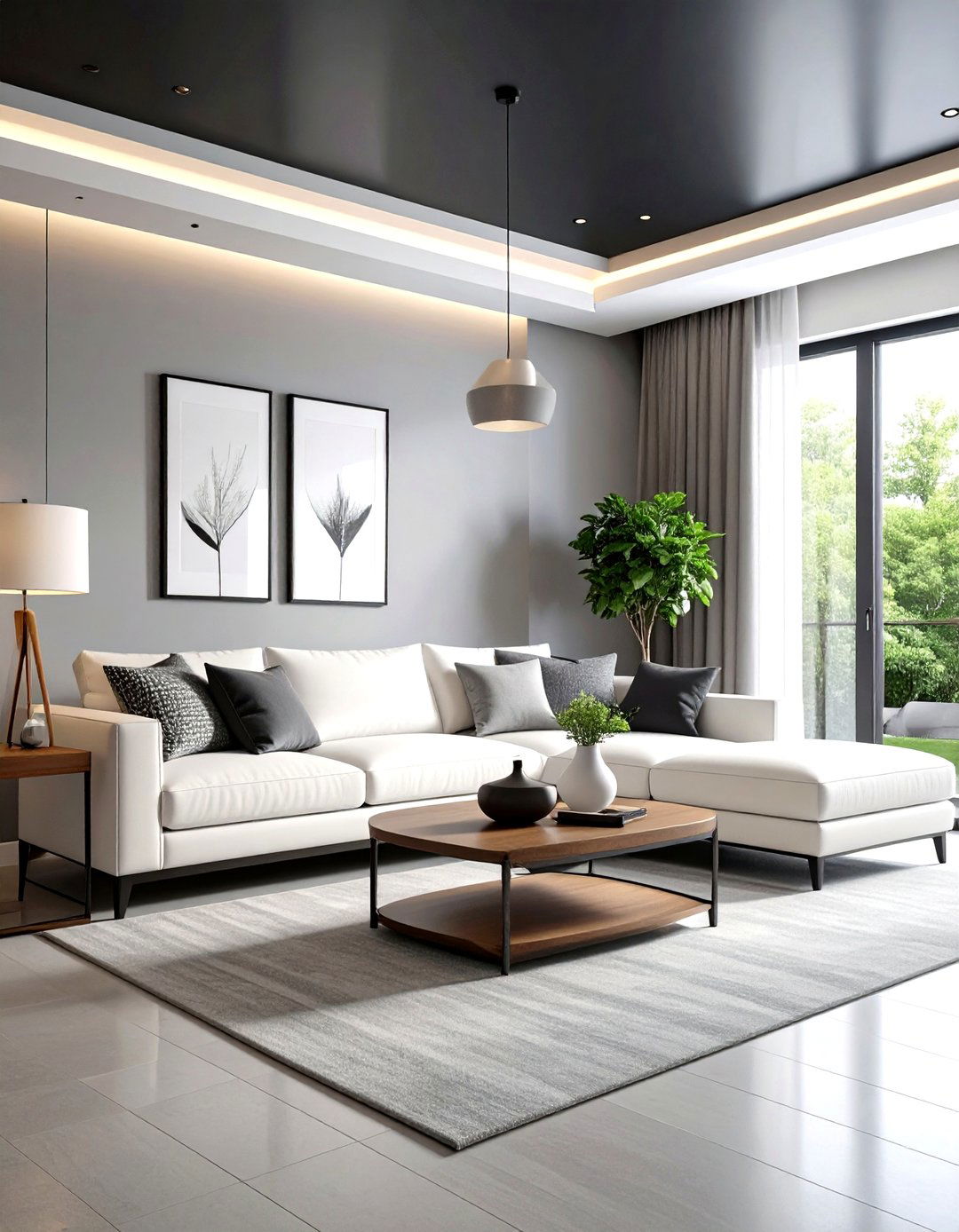 Modern Minimalist Living Room Design - 24 Black Ceiling With Grey Walls