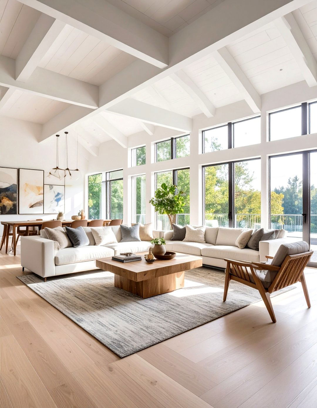 Modern Minimalist Living Room with Painted White Beams - 24 Exposed Beam Living Room Ideas