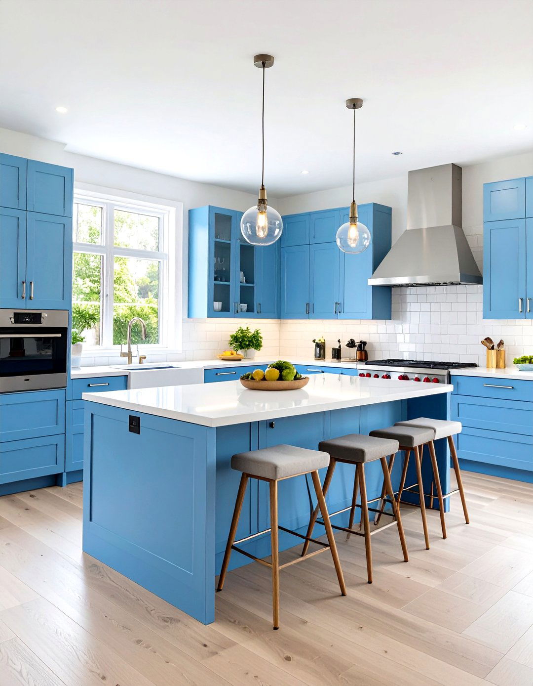 Modern Minimalist Powder Blue Island - 24 White Kitchen Cabinets With Blue Island