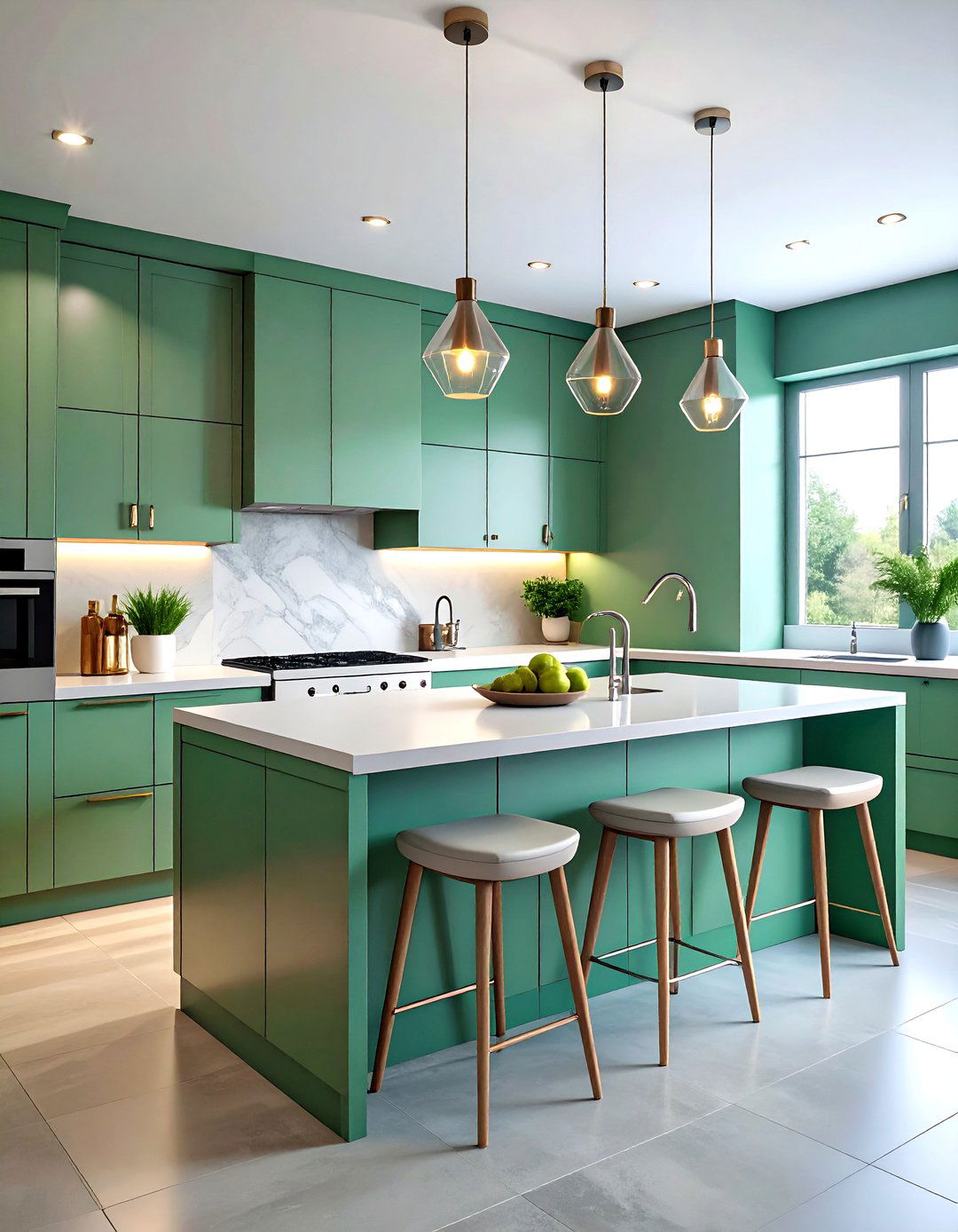 Modern Minimalist Sage Green Island with White Quartz Waterfall Edge - 24 Sage Green Kitchen Island Ideas