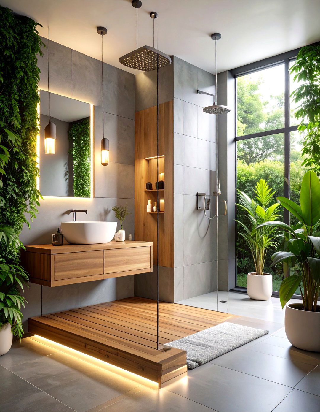 Modern Minimalist Walk in Shower with Floating Teak Bench - 24 Walk in Shower Ideas With Bench