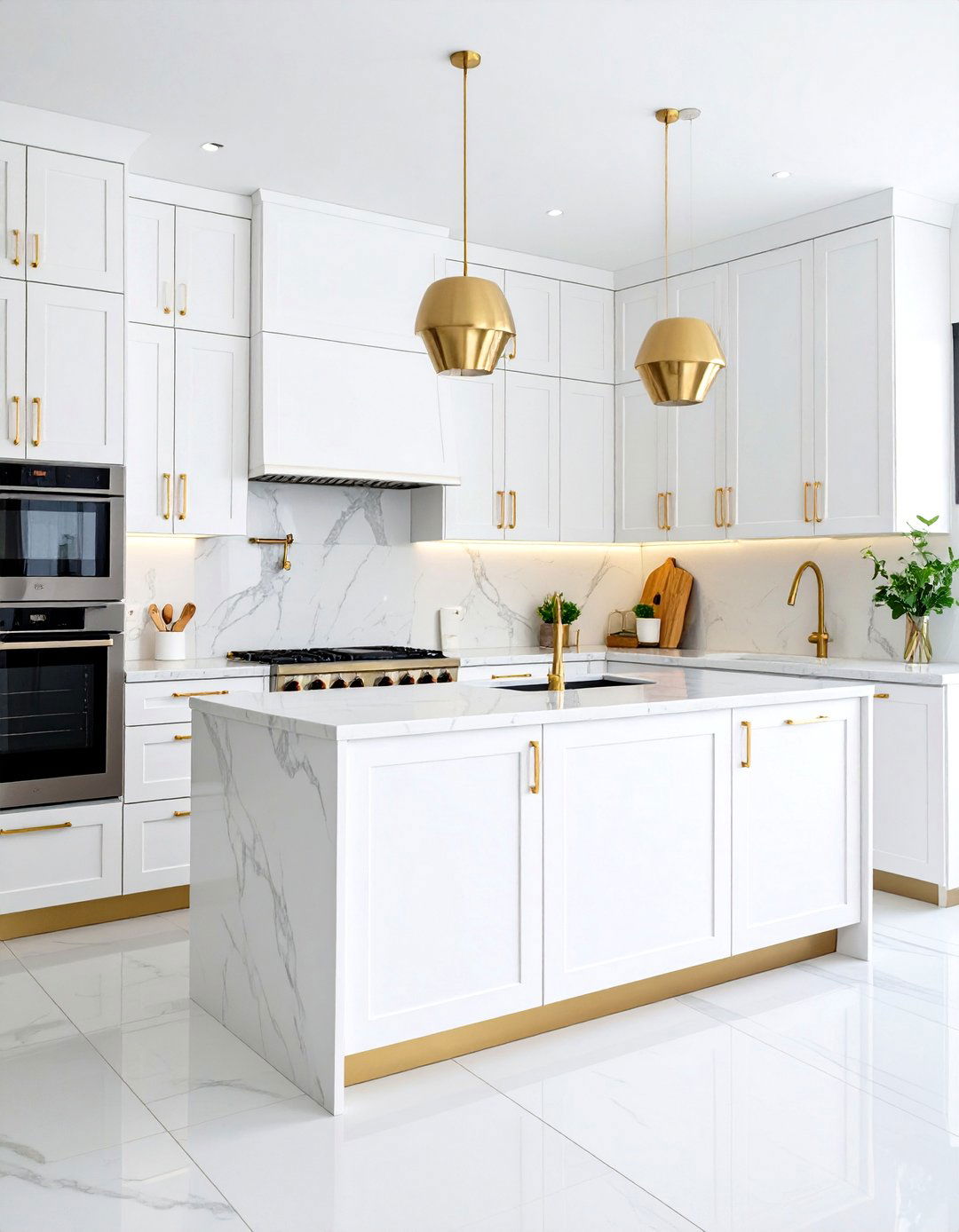 Modern Minimalist White Flat Panel Cabinets with Matte Gold Hardware - 24 White Kitchen Cabinets With Gold Hardwar