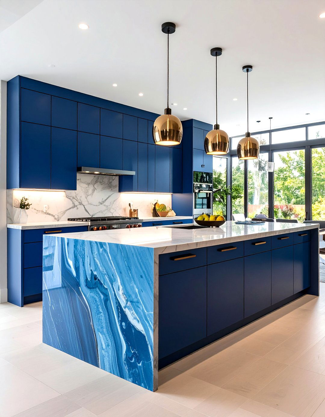 Modern Navy Waterfall Island with Quartz Surface - 24 Blue Kitchen Island Ideas