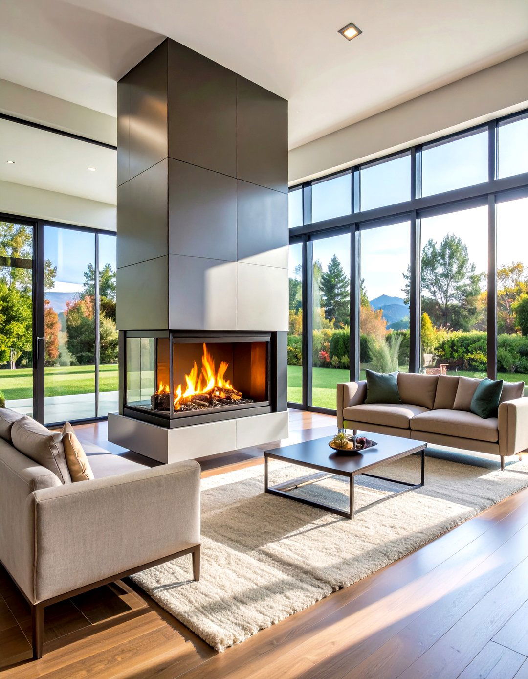 Modern Prefab Fireplace with Floor to Ceiling Glass - 24 Fireplace Between Windows Ideas