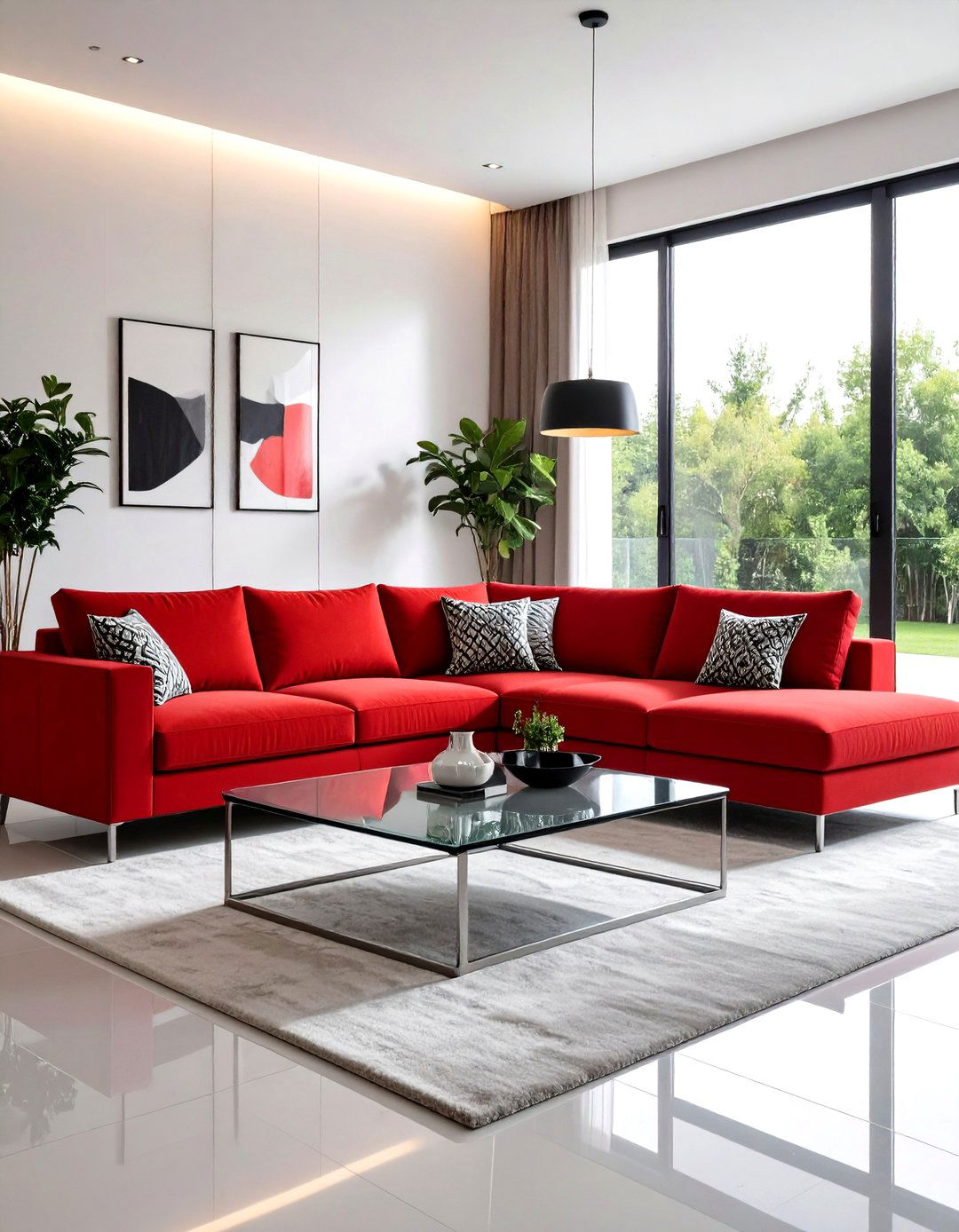 Modern Red Couch Glass Accents - 24 Red Couch Living Room Ideas