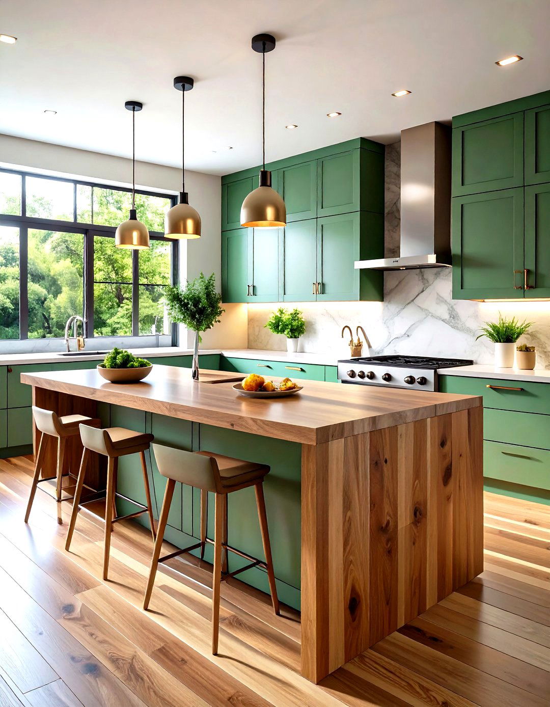 Modern Sage Green Kitchen with Waterfall Countertops - 24 Sage Green Kitchen Cabinets With Butcher Block Countertops