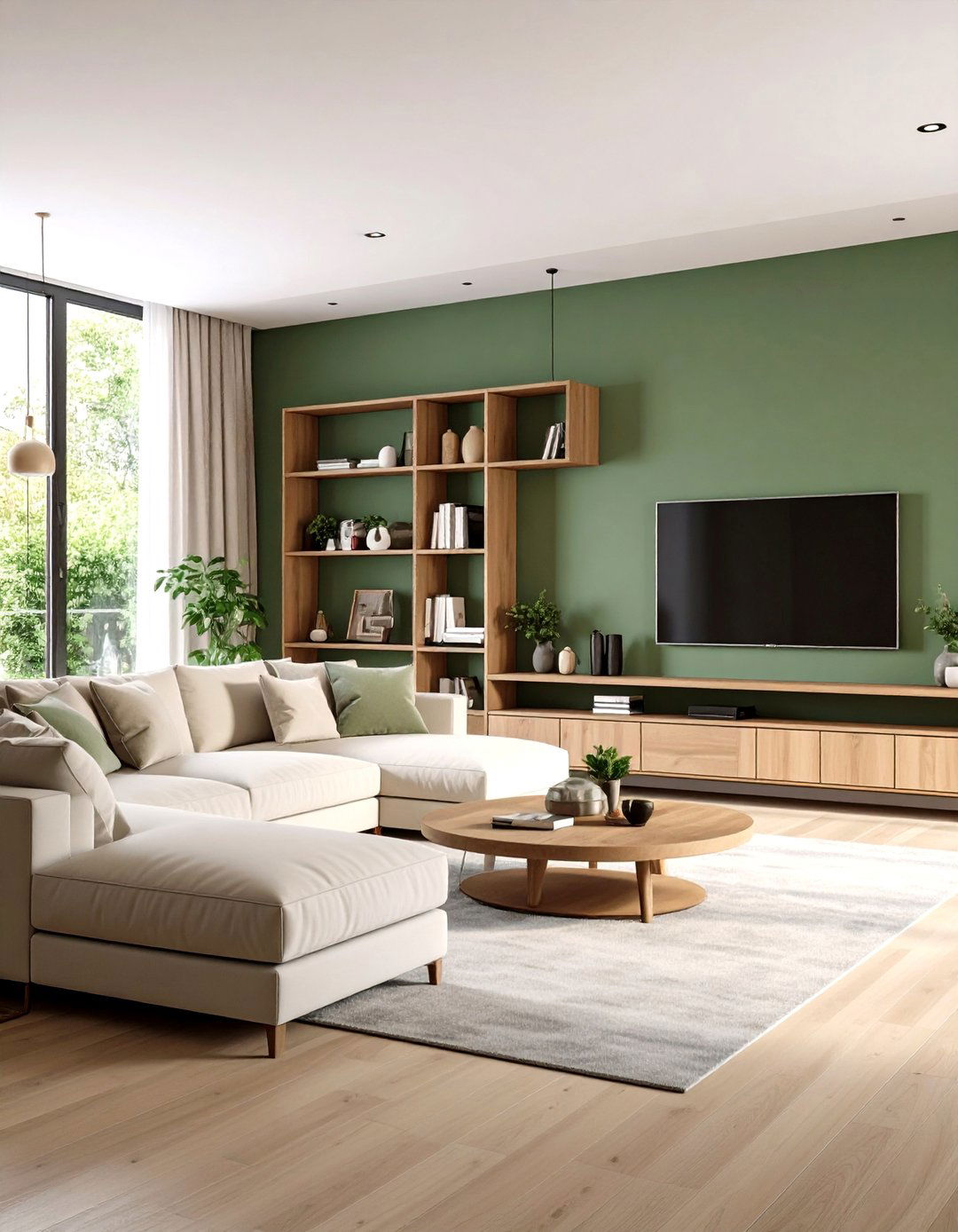 Modern Sage Green Media Wall - 24 sage green and cream living room ideas