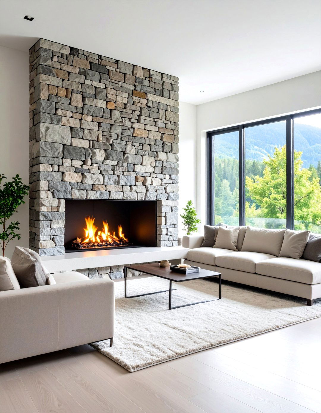 Modern Stacked Stone Linear Fireplace - 24 Stone Fireplace Ideas