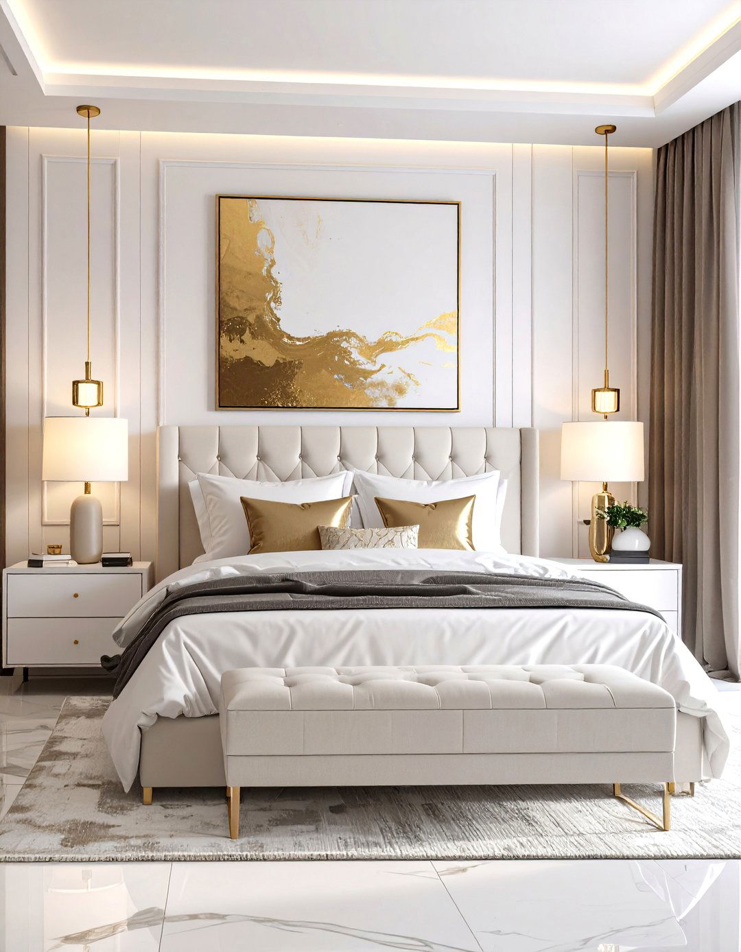 Modern White Bedroom with Abstract Gold Artwork - 24 White and Gold Bedroom Ideas