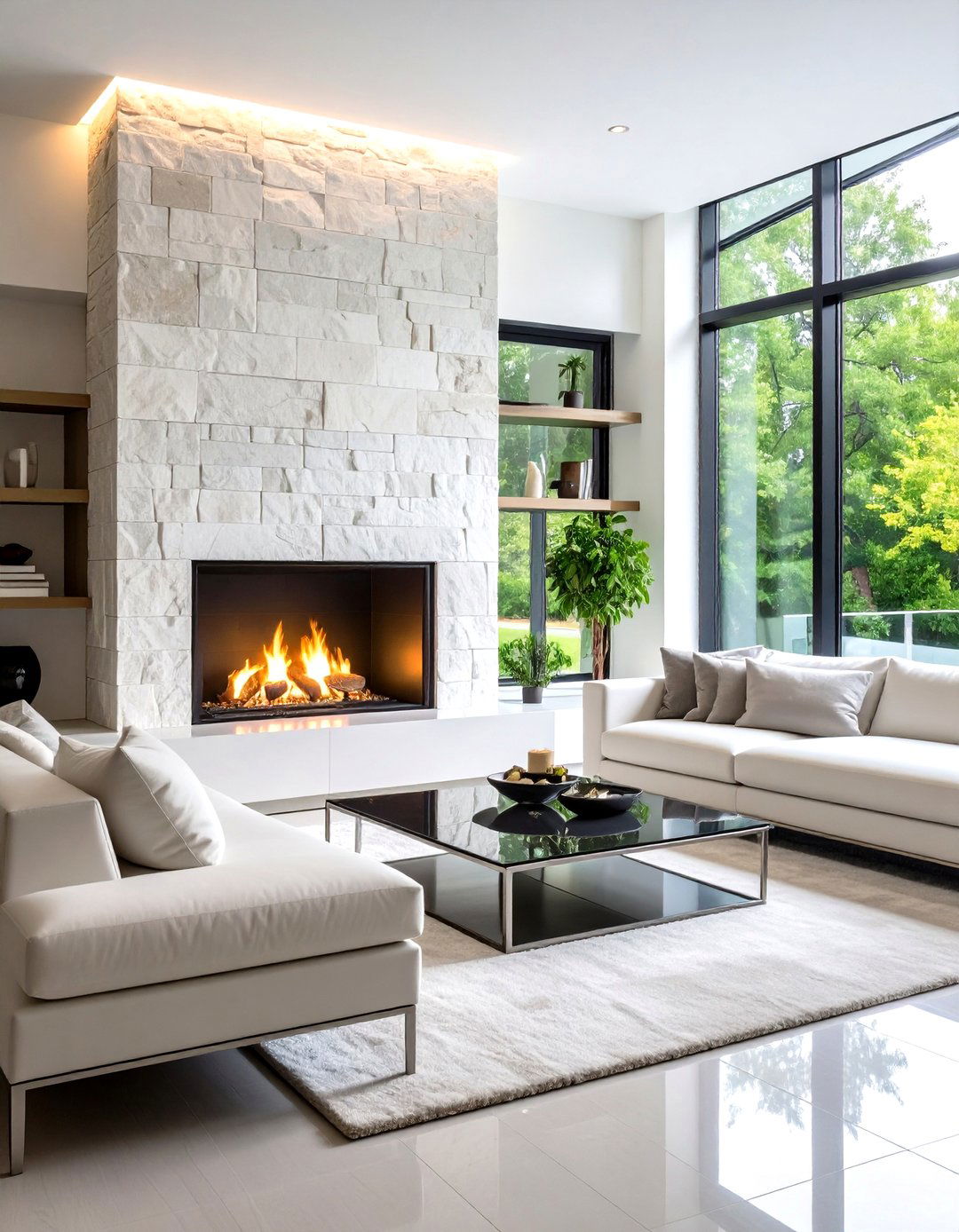 Modern White Stone and Steel Combination - 24 White Stone Fireplace Ideas