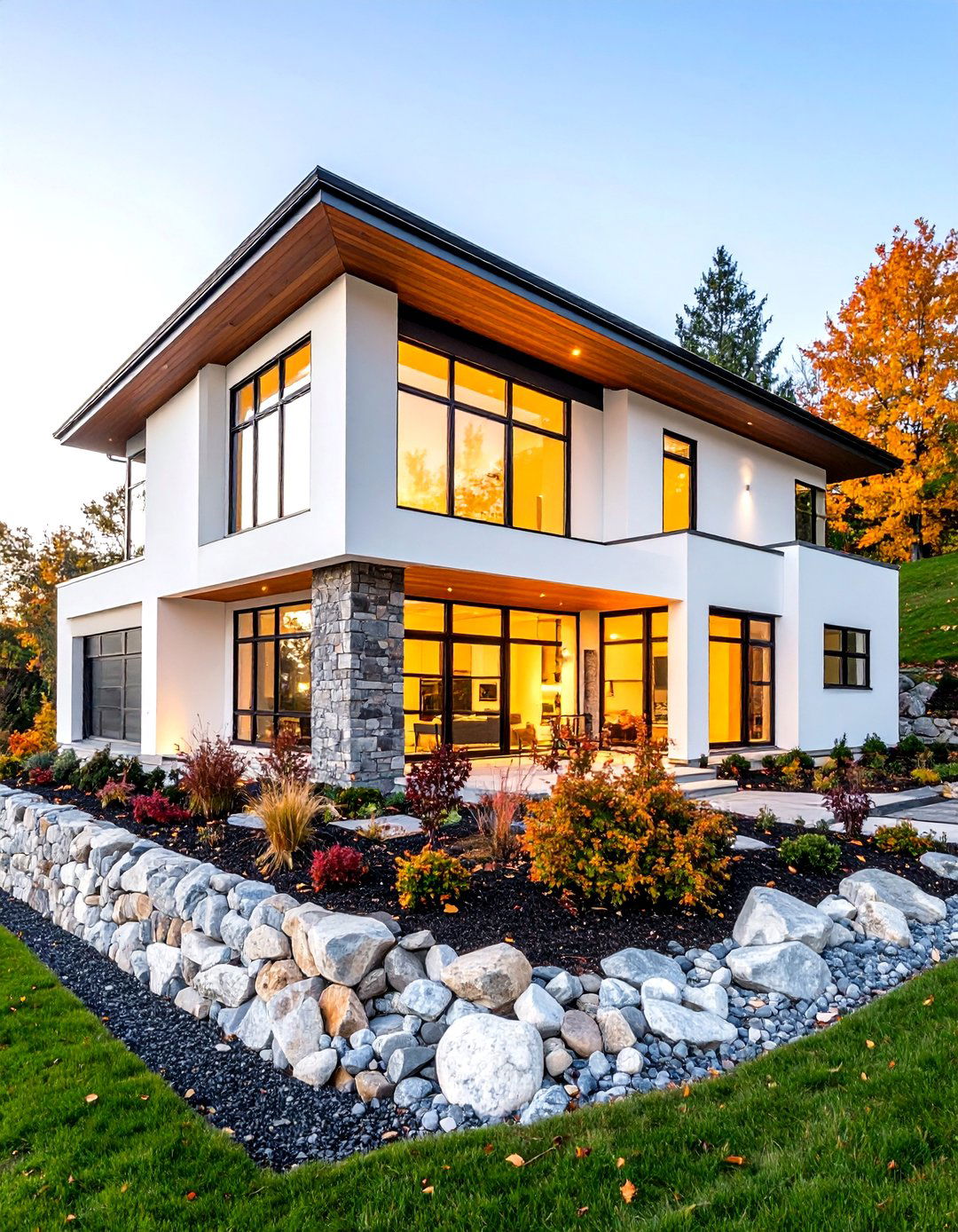 Modern White with Natural Stone Foundation - 24 White Home Exterior Ideas