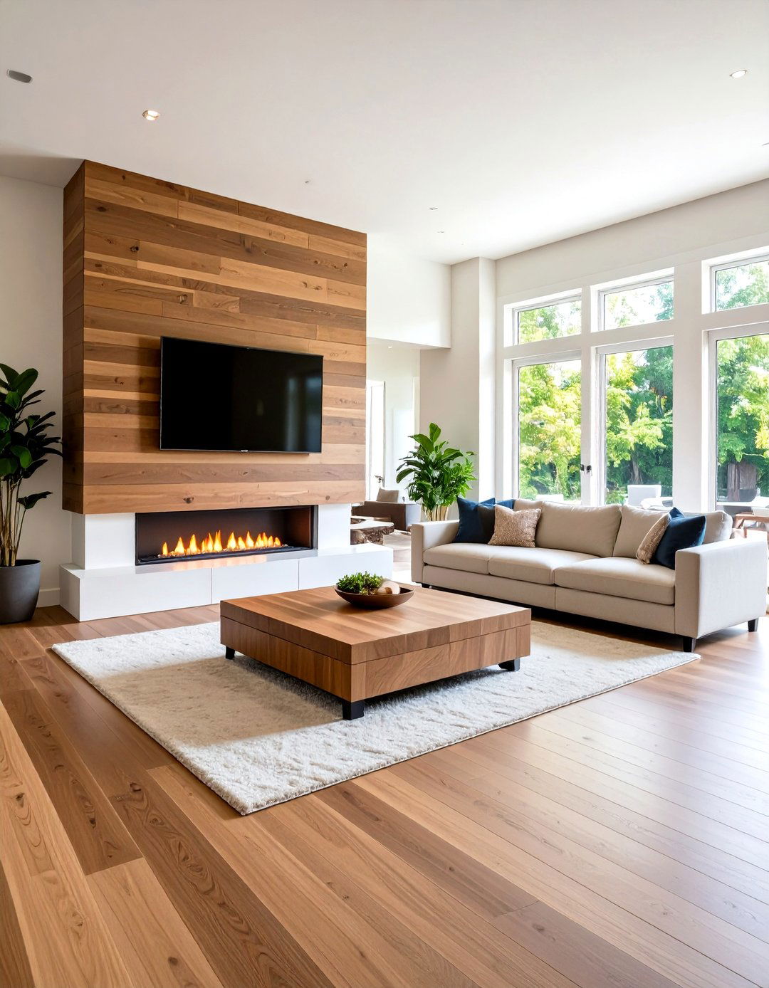 Modern Wood Accent Linear Fireplace - 24 Linear Fireplace Ideas With Tv Above