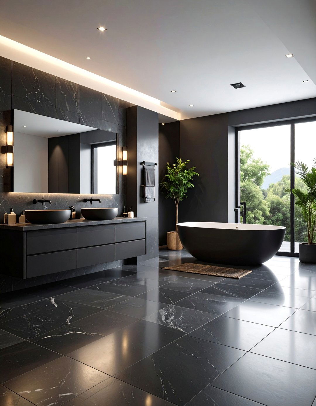 Monochromatic Black Bathroom Floor Schemes - 24 Black Floor Bathroom Ideas