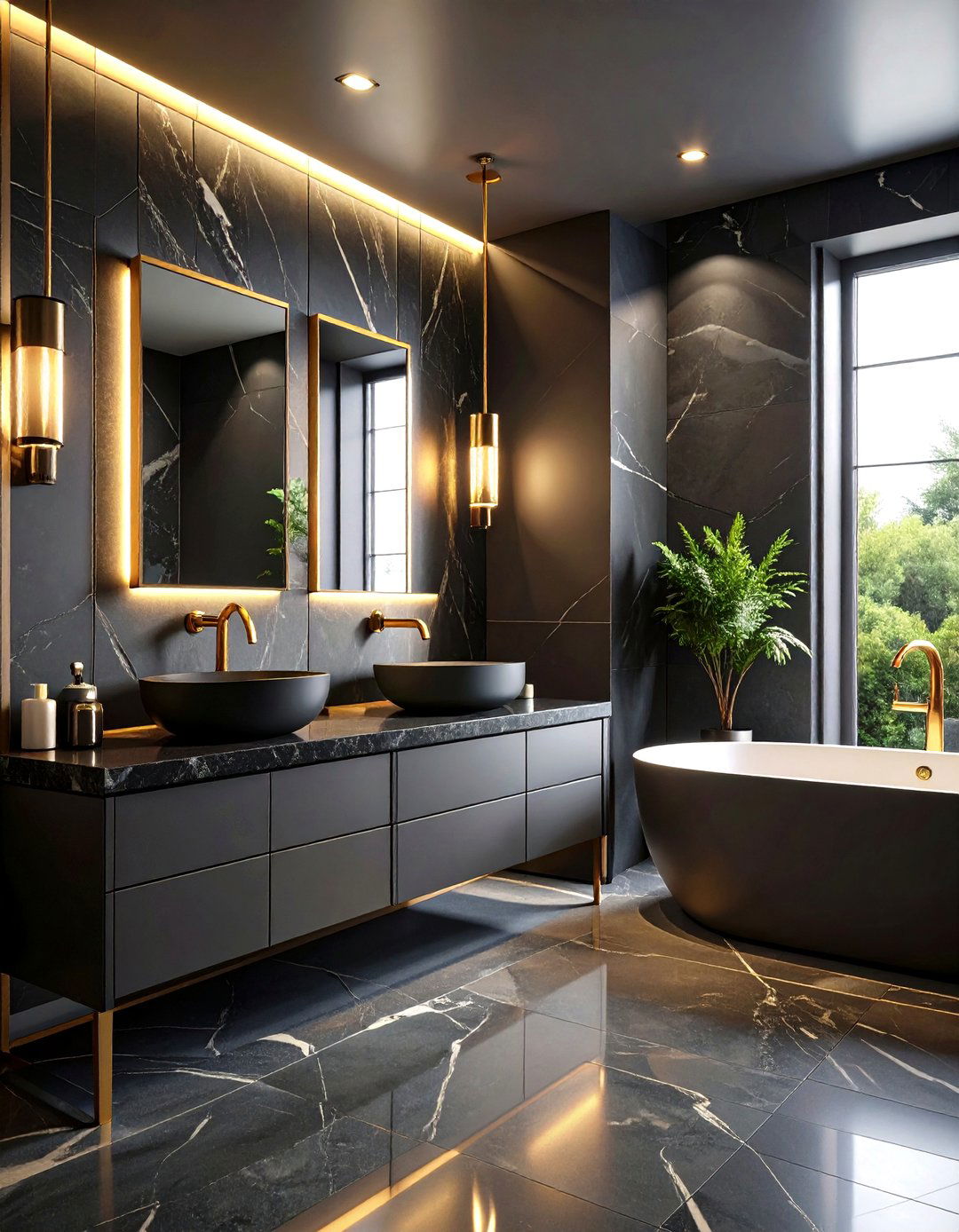 Monochromatic Black Bathroom with Gold Hardware Accents - 24 Modern Bathroom Ideas