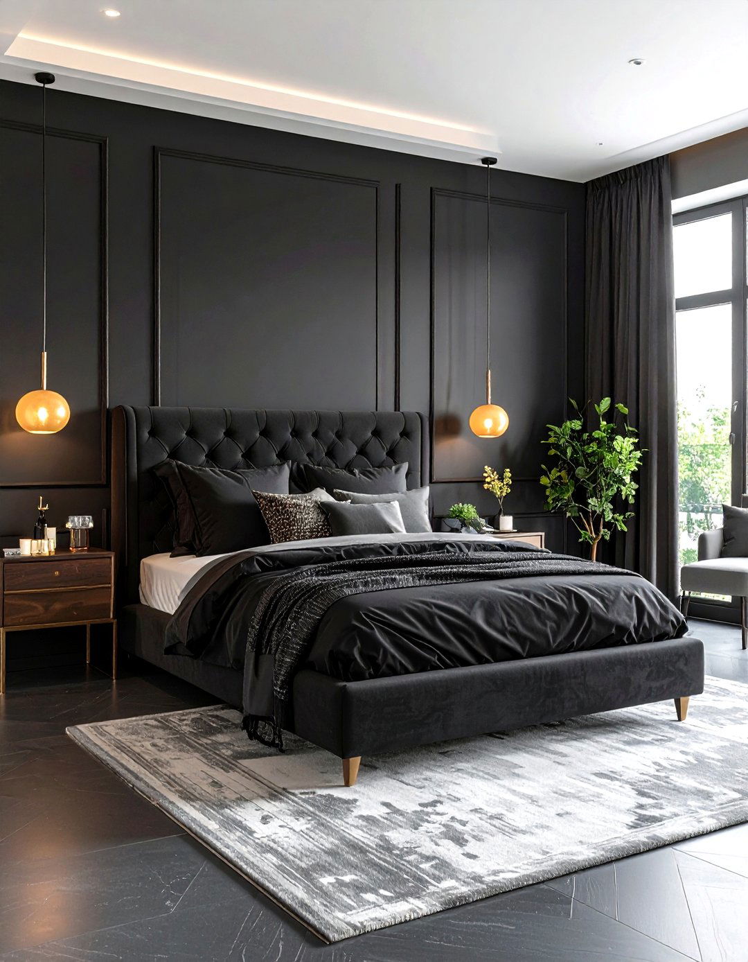 Monochromatic Black Bedroom with Textural Interest - 24 Black Room Ideas