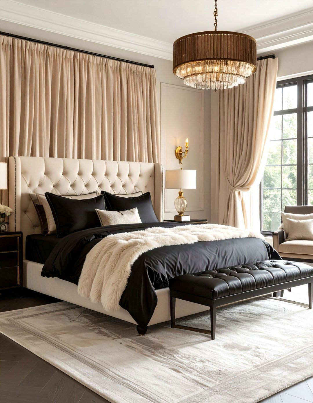 Monochromatic Cream and Black Bedroom with Layered Textures - 24 Cream and Black Bedroom Ideas