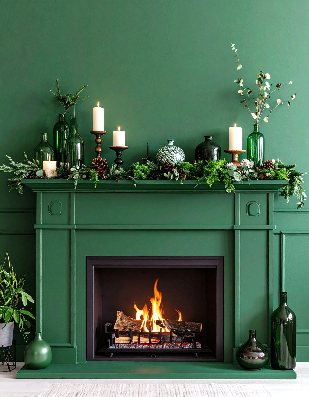 Monochromatic Green Scene - 24 Spring Mantel Decor Ideas