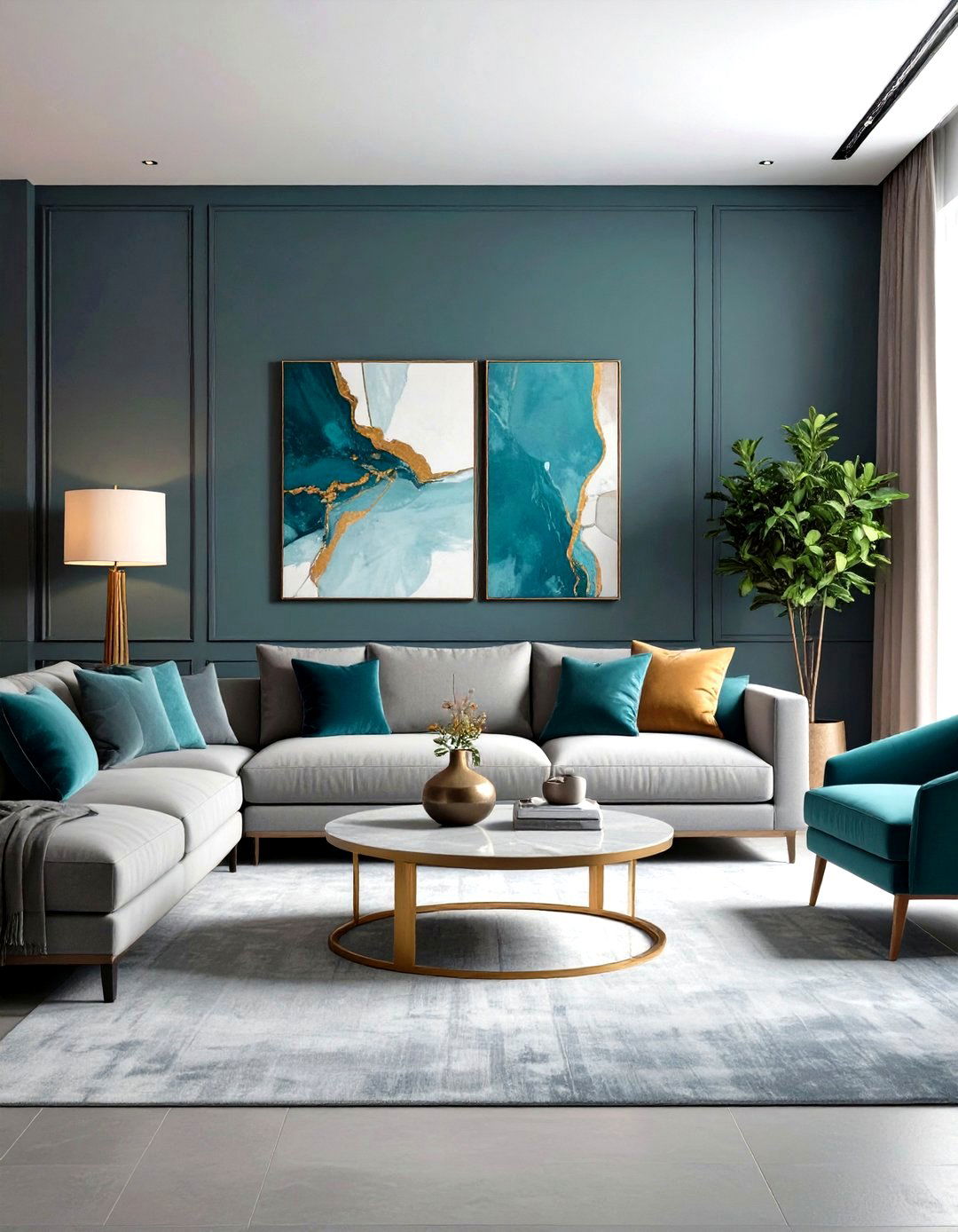 Monochromatic Grey Living Room with Teal Art Gallery Wall - 24 Teal and Grey Living Room Ideas
