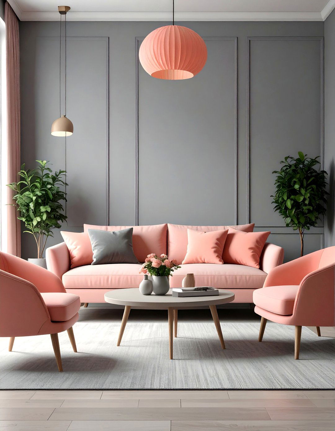Monochromatic Grey with Coral Pink Highlights - 24 Pink and Grey Living Room Ideas