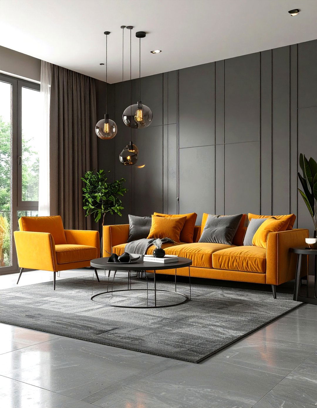 Monochromatic Grey with Orange Pops Living Room - 24 Orange and Grey Living Room Ideas