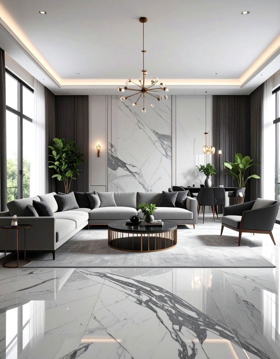 Monochromatic Marble Serenity - 24 Marble Floor Living Room Ideas