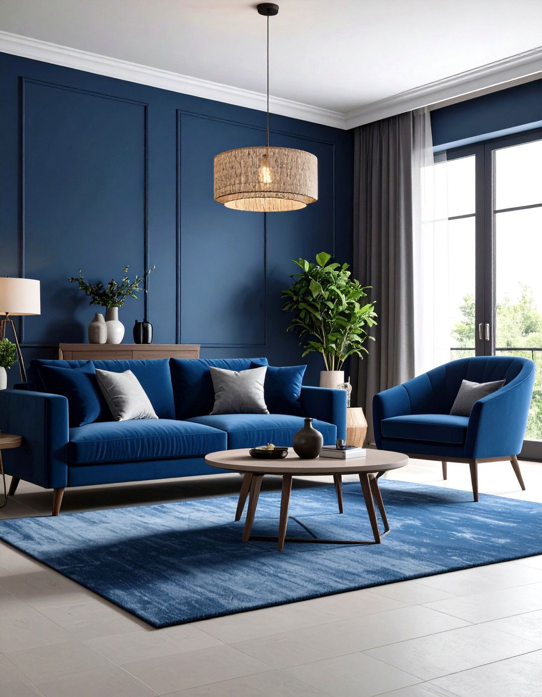 Monochromatic Navy Tonal Variation with Grey Grounding - 24 Navy Blue and Grey Living Room Ideas