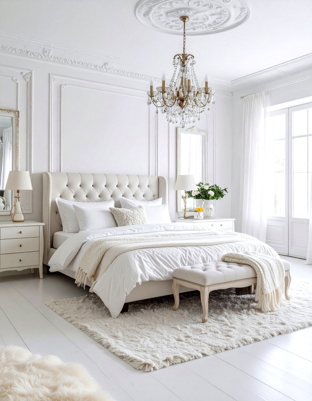 Monochromatic White Parisian Bedroom with Textural Interest - 24 Parisian Themed Bedroom Ideas