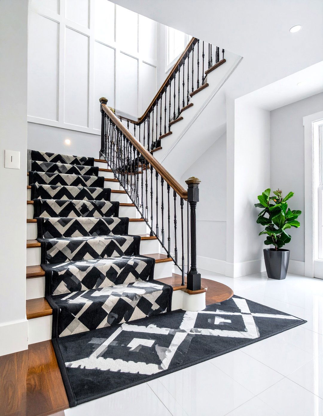 Monochrome Stair Runner Design - 24 Black and White Hallway Ideas