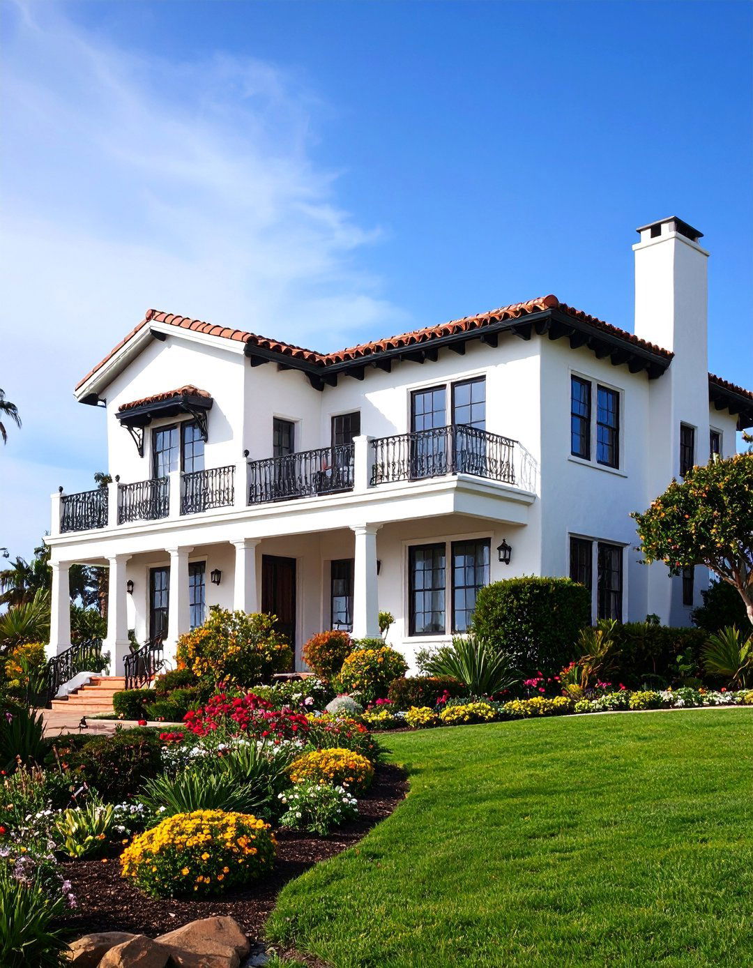 Monterey Colonial White Stucco with Black Balcony Details - 24 Black and White House Exterior Ideas