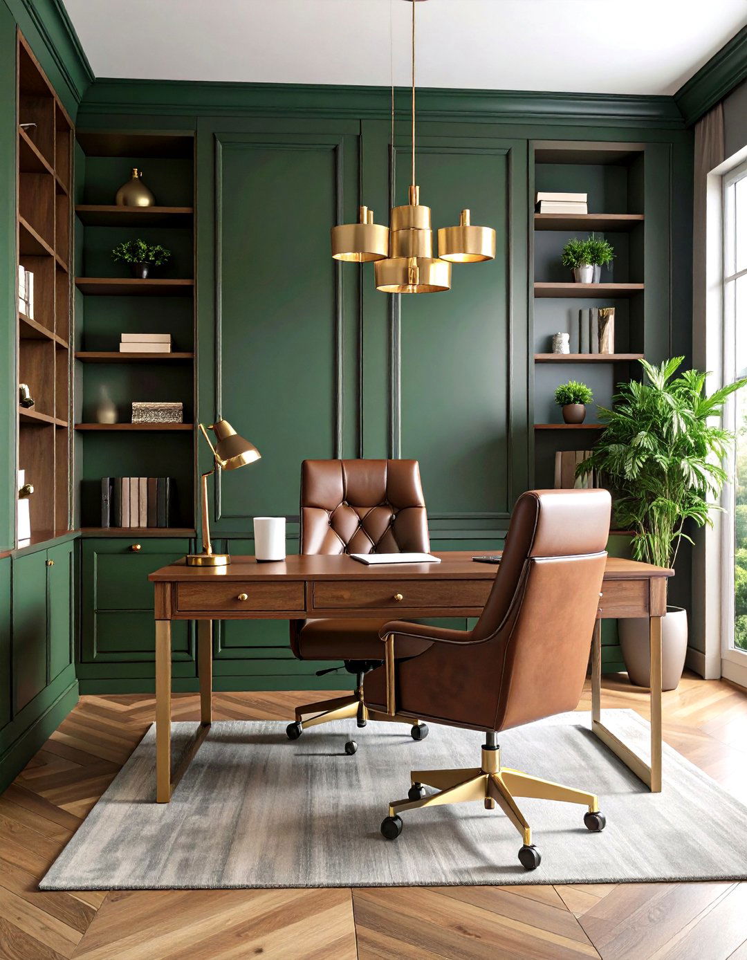 Moody Home Office with Dark Olive Green Paneling - 24 Olive Green Room Ideas