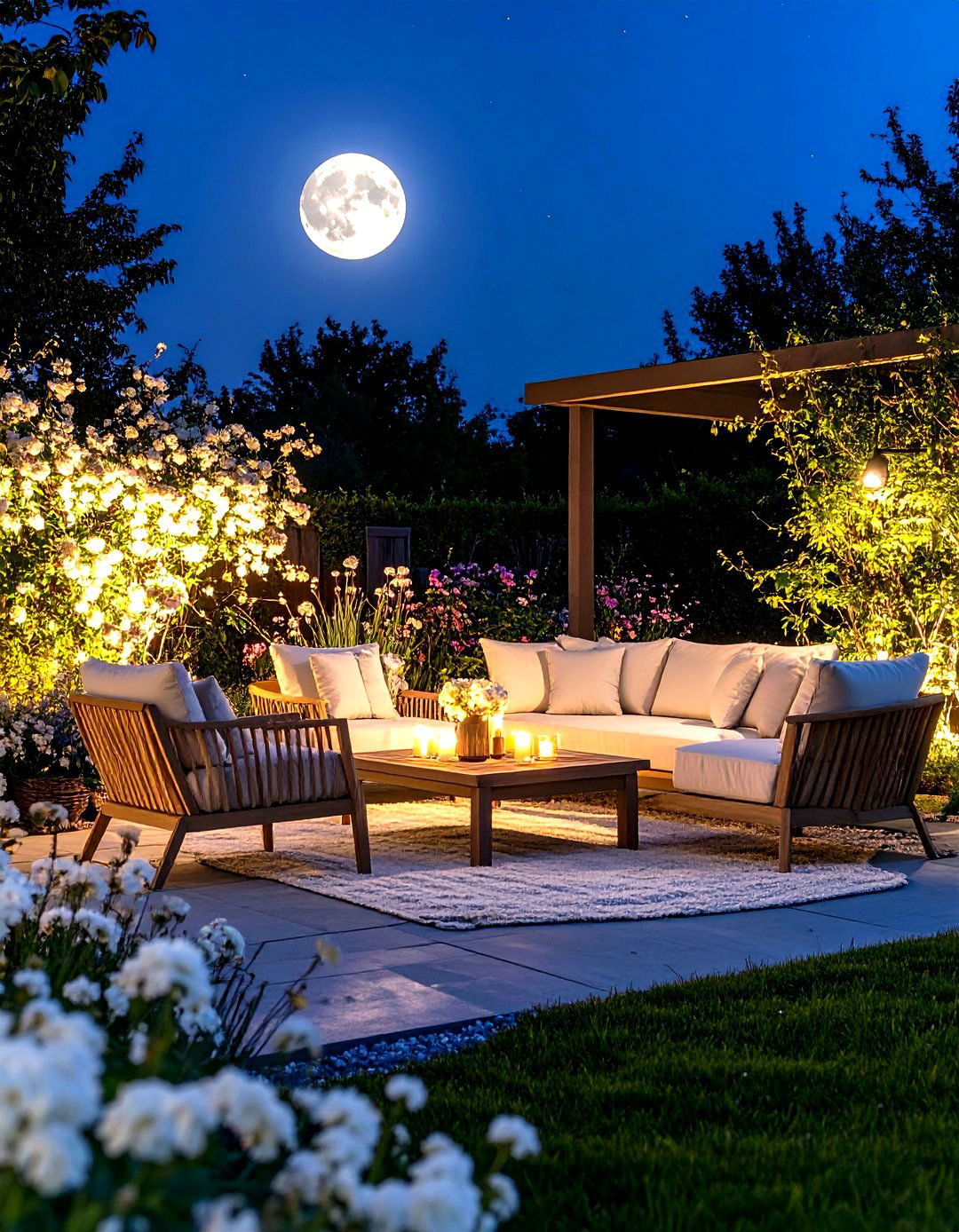 Moonlight Garden Nook with White Flowers - 24 Garden Nook Ideas