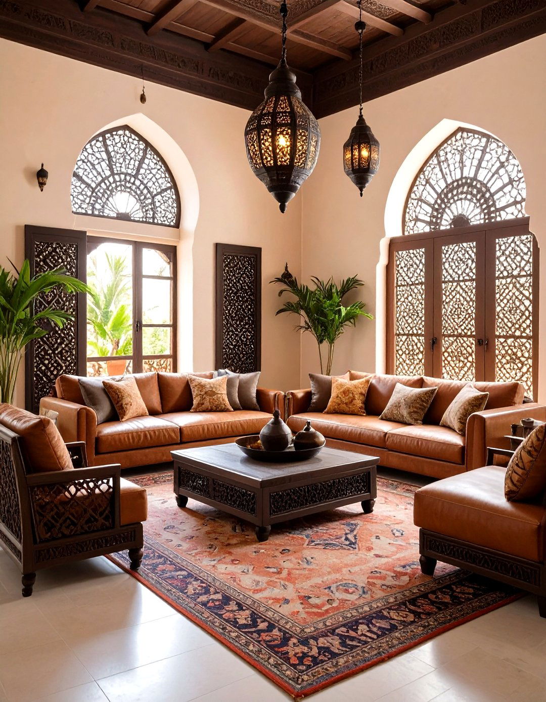 Moroccan Inspired Black Metal and Brown Leather Oasis - 24 Black and Brown Living Room Ideas