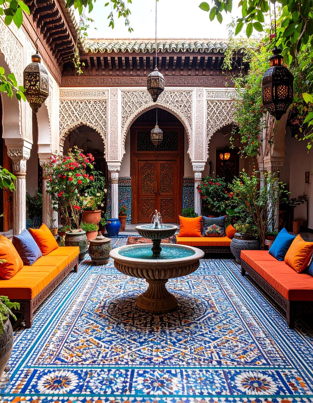 Moroccan Inspired Courtyard with Colorful Tiles and Textiles - 24 Outdoor Living Space Ideas